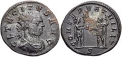 Tacitus. AD 275-276. Antoninianus (21mm, 4.10 g, 11h). Serdica mint, 2nd officina. 1st emission, November-December AD 275. CL TACITVS AVG, radiate, draped, and cuirassed bust right / CONSERVAT MILIT, 