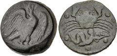 Greek SICILY, Akragas. Circa 415-406 BC. Æ Hemilitron (27mm, 21.23 g, 7h). Eagle standing right, head raised, wings spread, on hare / Crab; below, triton right, blowing conch; six pellets (mark of val