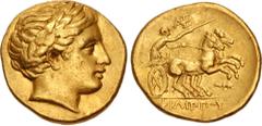 Greek KINGS of MACEDON. temp. Philip III – Kassander. Circa 323/2-315 BC. AV Stater (18.5mm, 8.56 g, 9h). In the name and types of Philip II. Amphipolis mint. Head of Apollo right, wearing laurel wrea