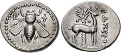 Greek IONIA, Ephesos. Circa 202-150 BC. AR Drachm (18.5mm, 4.12 g, 12h). Zopyros, magistrate. Bee / Stag standing right; palm tree in background, ZΩΠYPOΣ to right. Kinns, Attic, p. 87, unlisted obv. d
