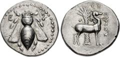Greek IONIA, Ephesos. Circa 202-150 BC. AR Drachm (18.5mm, 4.19 g, 12h). Simos, magistrate. Bee / Stag standing right; palm tree in background, ΣIMOΣ to right. Kinns, Attic, p. 90, obv. die unlisted; 