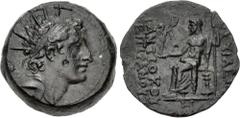 Greek SELEUKID EMPIRE. Posthumous Issues of Antiochos IV. 146/5 BC. Æ (20.5mm, 8.77 g, 12h). Antioch on the Orontes. Radiate head right / Zeus Nikephoros seated left; H in exergue. SC 1887b; Mørkholm,