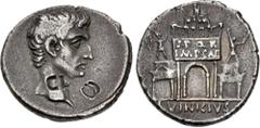 Roman Imperial Augustus. 27 BC-AD 14. AR Denarius (19mm, 3.87 g, 9h). Rome mint; L. Vinicius, moneyer. Struck 16 BC. Bare head right / Triumphal arch, surmounted by facing quadriga, in which Augustus 
