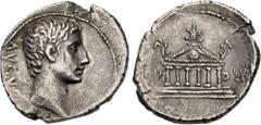 Roman Imperial Augustus. 27 BC-AD 14. AR Denarius (19mm, 3.69 g, 9h). Pergamum mint. Struck 27 BC. Bare head right / IOVI OLV across field, hexastyle temple of Olympian Jupiter on three-tiered base wi