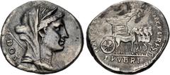 Roman Imperial Trajan. AD 98-117. AR Denarius (19mm, 3.32 g, 7h). Restored issue of L. Rubrius Dossenus. Rome mint. Struck circa 107 AD. DOS, diademed, veiled, and draped bust of Juno right, scepter a