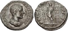 Roman Imperial Diadumenian. As Caesar, AD 217-218. AR Denarius (19mm, 2.94 g, 12h). Rome mint. 2nd emission of Macrinus, AD 217-218. Bareheaded and draped bust right / Diadumenian standing slightly le