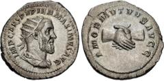 Roman Imperial Pupienus. AD 238. AR Antoninianus (22mm, 4.39 g, 12h). Rome mint. 2nd emission. Radiate, draped, and cuirassed bust right / AMOR MVTVVS AVGG, clasped right hands. RIC IV 9b; BMCRE 82-6;