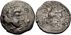CELTIC, Northwest Gaul. Veneti . Circa 100-50 BC. BI Stater (22mm, 4.41 g, 9h). Celtic head right within ornate border / Celicized biga left, rider devolved into creature above human-headed horse; bel