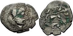 CELTIC, Northwest Gaul. Veneti . Circa 100-50 BC. BI Stater (25mm, 6.19 g, 1h). Celtic head right within ornate border / Celicized biga left, rider devolved into creature above human-headed horse; bel