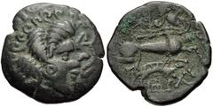CELTIC, Northwest Gaul. Veneti . Circa 100-50 BC. Æ Stater (21mm, 6.82 g, 5h). Celtic head right within ornate border / Celicized biga left, rider devolved into creature above human-headed horse; belo