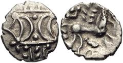 CELTIC, Britain. Iceni . Ecen. Circa AD 25-38. AR Unit (12mm, 1.24 g, 8h). Stepping Horse type. Two opposed crescnets with pellets between, superimposed on band of three lines surrounded by two lines 