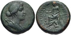 LYDIA, Philadelphia. 2nd-1st centuries BC. Æ 19mm (8.25 g, 1h). Hermippos, son of Hermogenes, archieros. Draped bust of Artemis right, bow and quiver over shoulder / Apollo seated left on high-backed 