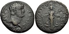 LYDIA, Philadelphia. Vespasian. AD 69-79. Æ 18mm (4.94 g, 12h). Herodes and Polemaios, epimelethentes. Laureate head right / Facing cult statue between two lions. RPC II 1330; SNG München 418. Fine, b