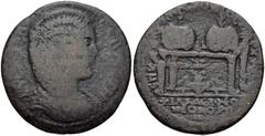 LYDIA, Philadelphia. Julia Domna. Augusta, AD 193-217. Æ 30mm (10.64 g, 5h). Draped bust right / Table with two prize crowns and purses; vase below. SNG München -; SNG Copenhagen -; BMC 80. Fine, brow