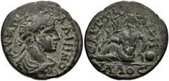 LYDIA, Saitta. Gallienus. AD 253-268. Æ 20mm (4.70 g, 11h). Laureate, draped, and cuirassed bust right, seen from behind / River-god Hyllos reclining left, holding reed and resting elbow on overturned