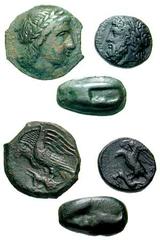 Estimate $150 SICILY, Akragas. Circa 450-430's BC. Æ Cast Onkia (4.62 gm). Eagle's head left / Crab claw left. Calciati I pg. 147, 8 // Circa 340-300 BC. Æ 16mm (4.29 gm). Laureate head of Zeus left /