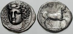Estimate $200 THESSALY, Larissa. Circa 350's-340's BC. AR Hemidrachm (2.97 gm). Head of the nymph Larissa facing slightly left / Horse standing right, about to roll; LARIS above, AIWN in exergue. Cf. 