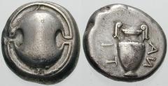 Estimate $250 BOEOTIA, Thebes. Circa 395/390-338 BC. AR Stater (11.84 gm). Boeotian shield / Amphora; I/T left, A/N right (letters sideways). Hepworth, "The 4th Century BC Magistrate Coinage of the Bo