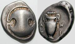 Estimate $250 BOEOTIA, Thebes. Circa 395/390-338 BC. AR Stater (12.11 gm). Boeotian shield / Amphora; A/T left, N/I right, club to the left above. Hepworth, "The 4th Century BC Magistrate Coinage of t