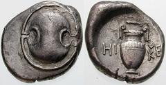 Estimate $200 BOEOTIA, Thebes. Circa 395/390-338 BC. AR Stater (11.48 gm). Boeotian shield / Amphora; HI left, KE right, ivy leaf hanging from right handle, club to the left above. Hepworth, "The 4th 