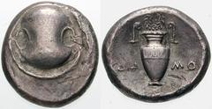 Estimate $200 BOEOTIA, Thebes. Circa 395/390-338 BC. AR Stater (11.43 gm). Boeotian shield / Amphora; ÐA left, MO right, wreath above. Hepworth, "The 4th Century BC Magistrate Coinage of the Boiotian 