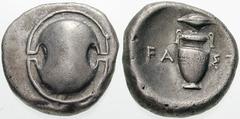 Estimate $300 BOEOTIA, Thebes. Circa 395/390-338 BC. AR Stater (11.66 gm). Boeotian shield / Amphora; FA left, ST right, kernel of grain above. Hepworth, "The 4th Century BC Magistrate Coinage of the 