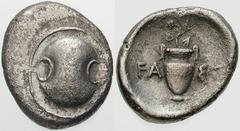 Estimate $200 BOEOTIA, Thebes. Circa 395/390-338 BC. AR Stater (11.37 gm). Boeotian shield / Amphora; FA left, ST right, vine with three leaves and a berry above. Hepworth, "The 4th Century BC Magistr