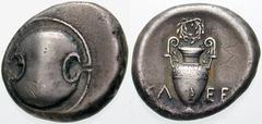 Estimate $250 BOEOTIA, Thebes. Circa 395/390-338 BC. AR Stater (11.82 gm). Boeotian shield / Amphora; KL left, EE right, wreath above. Hepworth, "The 4th Century BC Magistrate Coinage of the Boiotian 