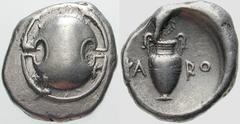 Estimate $300 BOEOTIA, Thebes. Circa 395/390-338 BC. AR Stater (12.02 gm). Boeotian shield / Amphora; YA left, RO right, wreath above. Hepworth, "The 4th Century BC Magistrate Coinage of the Boiotian 