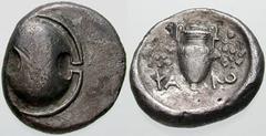 Estimate $200 BOEOTIA, Thebes. Circa 395/390-338 BC. AR Stater (11.08 gm). Boeotian shield / Amphora; YA left, RO right, ivy leaves and berries hanging from each handle. Hepworth, "The 4th Century BC 