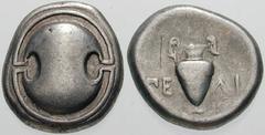 Estimate $300 BOEOTIA, Thebes. Circa 395/390-338 BC. AR Stater (12.01 gm). Boeotian shield / Amphora; PE left, LI right. Hepworth, "The 4th Century BC Magistrate Coinage of the Boiotian Confederacy," 