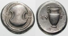 Estimate $250 BOEOTIA, Thebes. Circa 395/390-338 BC. AR Stater (11.62 gm). Boeotian shield / Amphora; EY left, GI right. Hepworth, "The 4th Century BC Magistrate Coinage of the Boiotian Confederacy," 