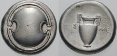 Estimate $300 BOEOTIA, Thebes. Circa 395/390-338 BC. AR Stater (12.03 gm). Boeotian shield / Amphora; HIS left, ME right. Hepworth, "The 4th Century BC Magistrate Coinage of the Boiotian Confederacy,"