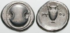 Estimate $300 BOEOTIA, Thebes. Circa 395/390-338 BC. AR Stater (12.06 gm). Boeotian shield / Amphora; PT left, OI right. Hepworth, "The 4th Century BC Magistrate Coinage of the Boiotian Confederacy," 
