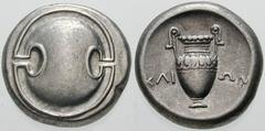 Estimate $400 BOEOTIA, Thebes. Circa 395/390-338 BC. AR Stater (12.22 gm). Boeotian shield / Amphora; KLI left, WN right. Hepworth, "The 4th Century BC Magistrate Coinage of the Boiotian Confederacy,"