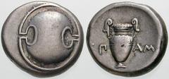Estimate $400 BOEOTIA, Thebes. Circa 395/390-338 BC. AR Stater (12.05 gm). Boeotian shield / Amphora; EP left, AM right. Hepworth, "The 4th Century BC Magistrate Coinage of the Boiotian Confederacy," 