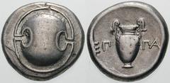Estimate $500 BOEOTIA, Thebes. Circa 395/390-338 BC. AR Stater (12.11 gm). Boeotian shield / Amphora; EP left, PA right. Hepworth, "The 4th Century BC Magistrate Coinage of the Boiotian Confederacy," 