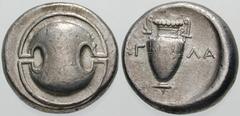 Estimate $300 BOEOTIA, Thebes. Circa 395/390-338 BC. AR Stater (12.20 gm). Boeotian shield / Amphora; AG left, LA right. Hepworth, "The 4th Century BC Magistrate Coinage of the Boiotian Confederacy," 