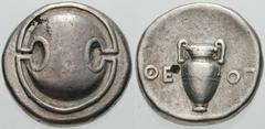 Estimate $250 BOEOTIA, Thebes. Circa 395/390-338 BC. AR Stater (12.11 gm). Boeotian shield / Amphora; QE left, OP right. Hepworth, "The 4th Century BC Magistrate Coinage of the Boiotian Confederacy," 