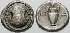 Estimate $150 BOEOTIA, Thebes. Circa 395/390-338 BC. AR Stater (11.39 gm). Boeotian shield / Amphora; FI left, ÐO right, grape vine with cluster of grapes above. Hepworth, "The 4th Century BC Magistra