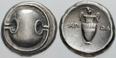 Estimate $400 BOEOTIA, Thebes. Circa 395/390-338 BC. AR Stater (12.11 gm). Boeotian shield / Amphora; AP left, OL right, grapes above. Hepworth, "The 4th Century BC Magistrate Coinage of the Boiotian 