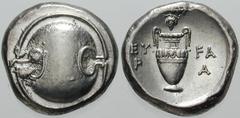 Estimate $500 BOEOTIA, Thebes. Circa 395/390-338 BC. AR Stater (12.27 gm). Boeotian shield / Amphora; EY/P left, FA/A right, club and grapes above. Hepworth, "The 4th Century BC Magistrate Coinage of 