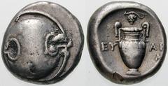 Estimate $300 BOEOTIA, Thebes. Circa 395/390-338 BC. AR Stater (12.18 gm). Boeotian shield / Amphora; EY left, AP/A right, grape vine with cluster of grapes above. Hepworth, "The 4th Century BC Magist