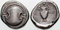 Estimate $300 BOEOTIA, Thebes. Circa 395/390-338 BC. AR Stater (12.13 gm). Boeotian shield / Amphora; KP left, AT right, helmet above. Hepworth, "The 4th Century BC Magistrate Coinage of the Boiotian 