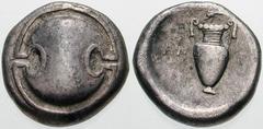 Estimate $200 BOEOTIA, Thebes. Circa 395/390-338 BC. AR Stater (11.90 gm). Boeotian shield / Amphora; AN left, TI right, dolphin to the left above. Hepworth, "The 4th Century BC Magistrate Coinage of 