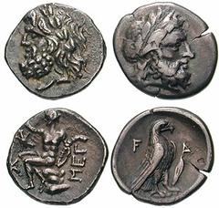Estimate $300 ELIS, Olympia. Circa 323-271 BC. AR Hemidrachm (2.65 gm). Head of Zeus right / Eagle standing right; olive leaf before. SNG Copenhagen 420 // Arkadia, Megalopolis. Circa 151-146 BC. AR T