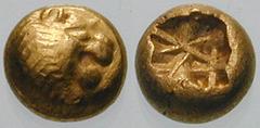 Estimate $400 LYDIA, Kings of. Uncertain King. Before 561 BC. EL Hemihekte (?) (1.86 gm). Head of roaring lion right / Incuse punch with irregular lines. Weidauer -; Rosen -. EF. ($400) The attributio