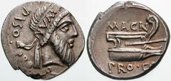 Estimate $1000 CNAEUS POMPEY MAGNUS (Pompey the Great). 49 BC. AR Denarius (3.39 gm). Struck in Greece. Head of Numa Pompilius right; NVMA on diadem / Prow right. Crawford 446/1; Sear CRI 7; Sydenham 