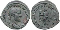 Estimate $1000 PUPIENUS. 238 AD. Æ Sestertius (19.74 gm). Laureate, draped and cuirassed bust right, seen from behind / Liberalitas standing left, holding abacus and cornucopiae. RIC IV 14; BMCRE 10; 