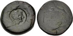 Greek SICILY, Akragas. Circa 405-392 BC. Æ Tetras (22mm, 9.41 g, 12h). [Eagle standing on hare]; c/m: head of Herakles right, wearing lion skin, within circular incuse / Crab; six pellets around; belo